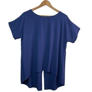 Ruti Navy Blue Crewneck Short Sleeve Split Back Linen Blend Blouse Top Size XS/S